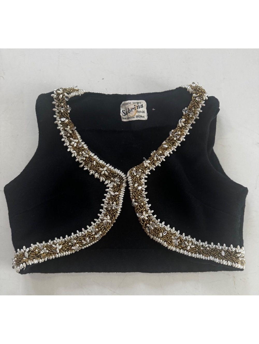 Vintage Sabrina Knits Black 100% Wool Beaded Cropped Bolero Vest Hong Kong